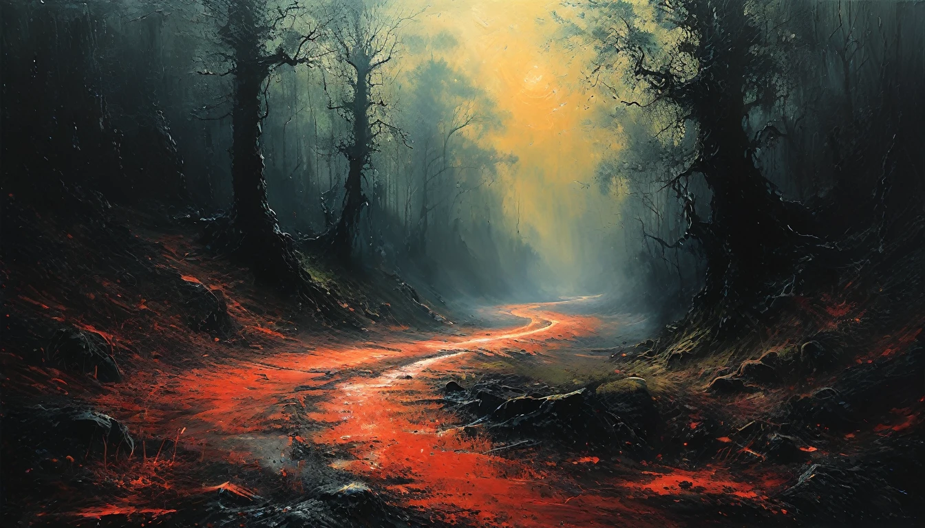 High-impact paint job of a road in the forest,Rich in details, 8K, sharp, professional, Clear, High contrast, High Saturation, , Vivid deep black, crystal Clear