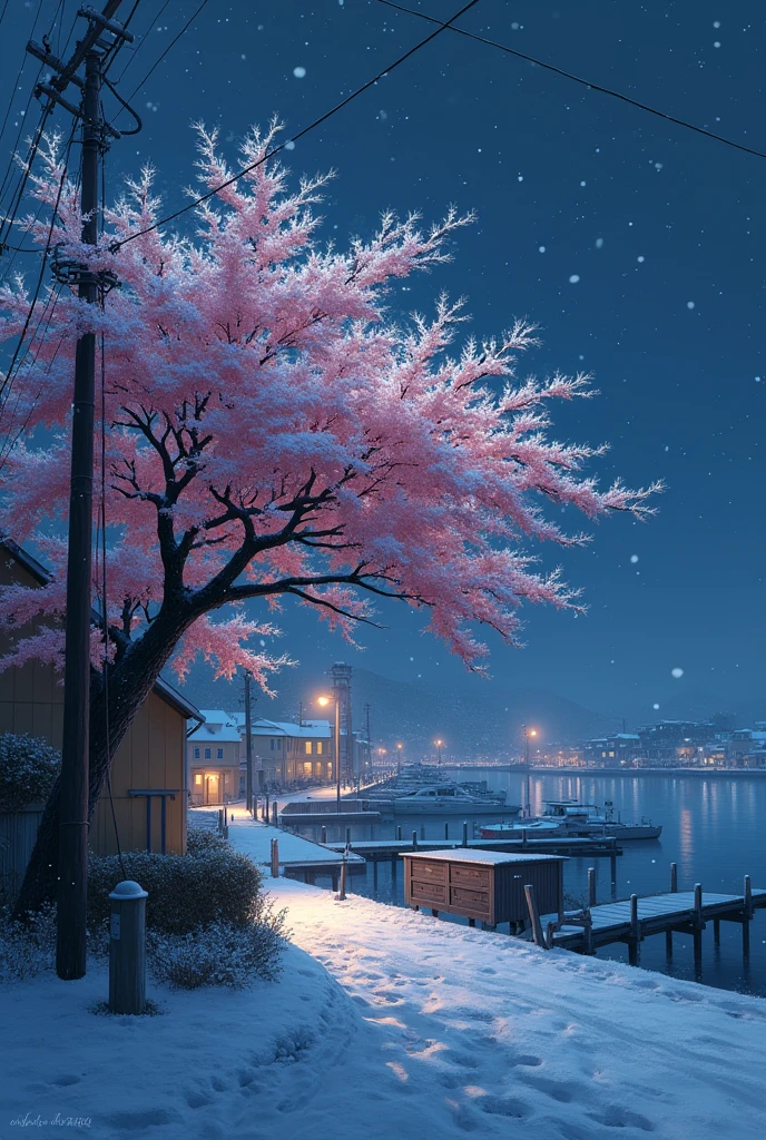 snow　Port town　Cherry tree　夜
snowが降っている