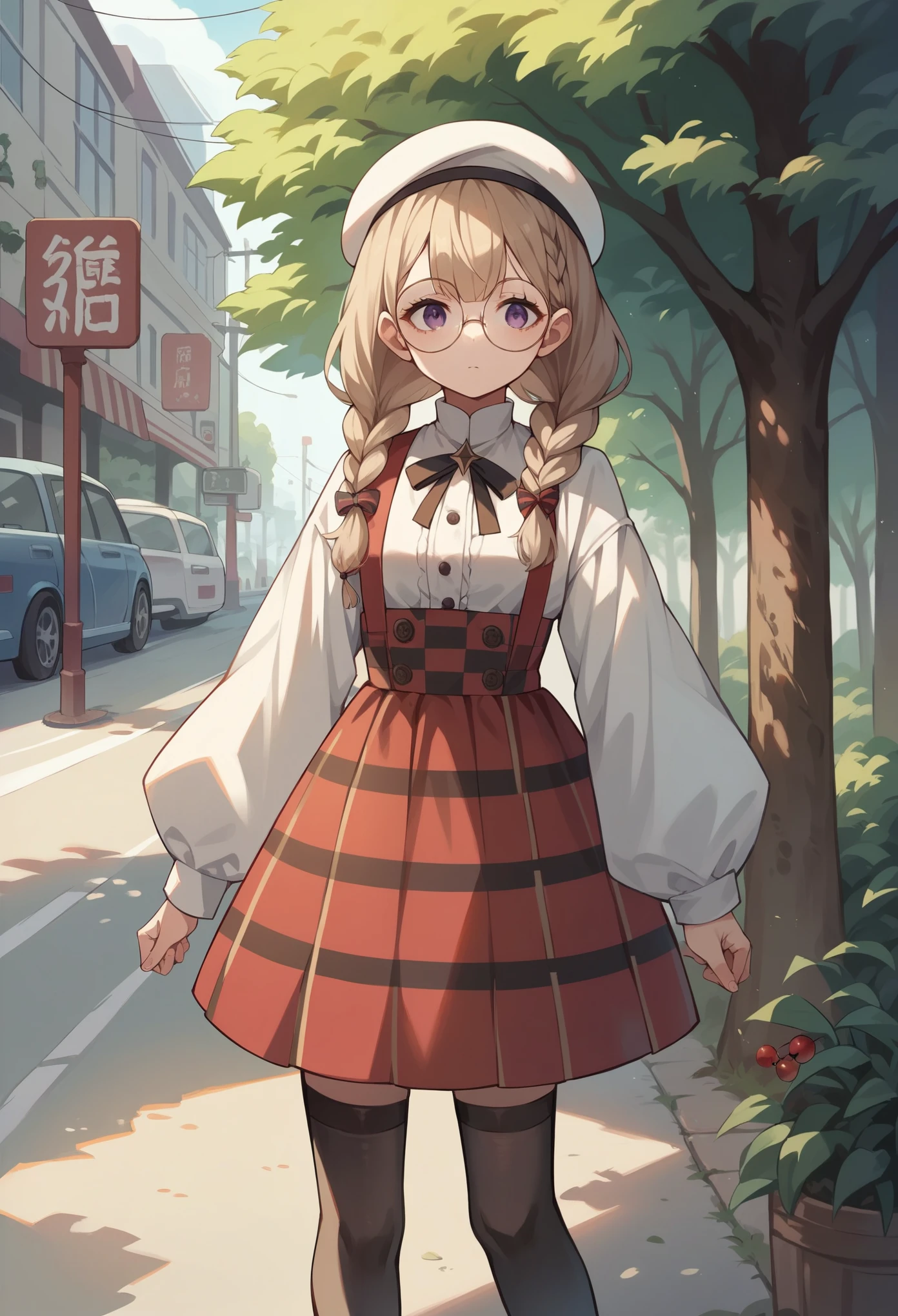 (masterpiece:1.2, Highest quality),(anime), 17-year-old girl,,Purple Eyes,Beige hair,Cutting bangs,Braided twin tails,White Beret,Round Glasses,A red checkered dress with white sleeves,Black Stockings,Tree-lined street