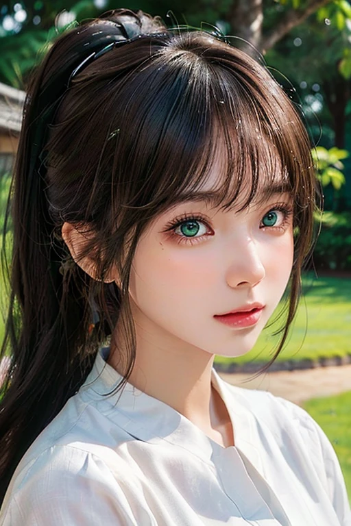 /imagine: Digital illustration of a young woman in her twenties。((face:
丸face、Thick eyebrows、健康的なface立ち
大きな目と高い頬骨
目:
Green Eyes、Sparkling eyes and star-like highlights:
ponytail、Part your bangs to the side. Light brown skin.:
Healthy tan skin look:
明るく元気な笑face))。Simple white background、Highlight her features。The style is photorealistic、The texture of the skin and the fine details of the hair are depicted with great detail.。The image is in portrait format、Composition suitable for SNS profile picture。