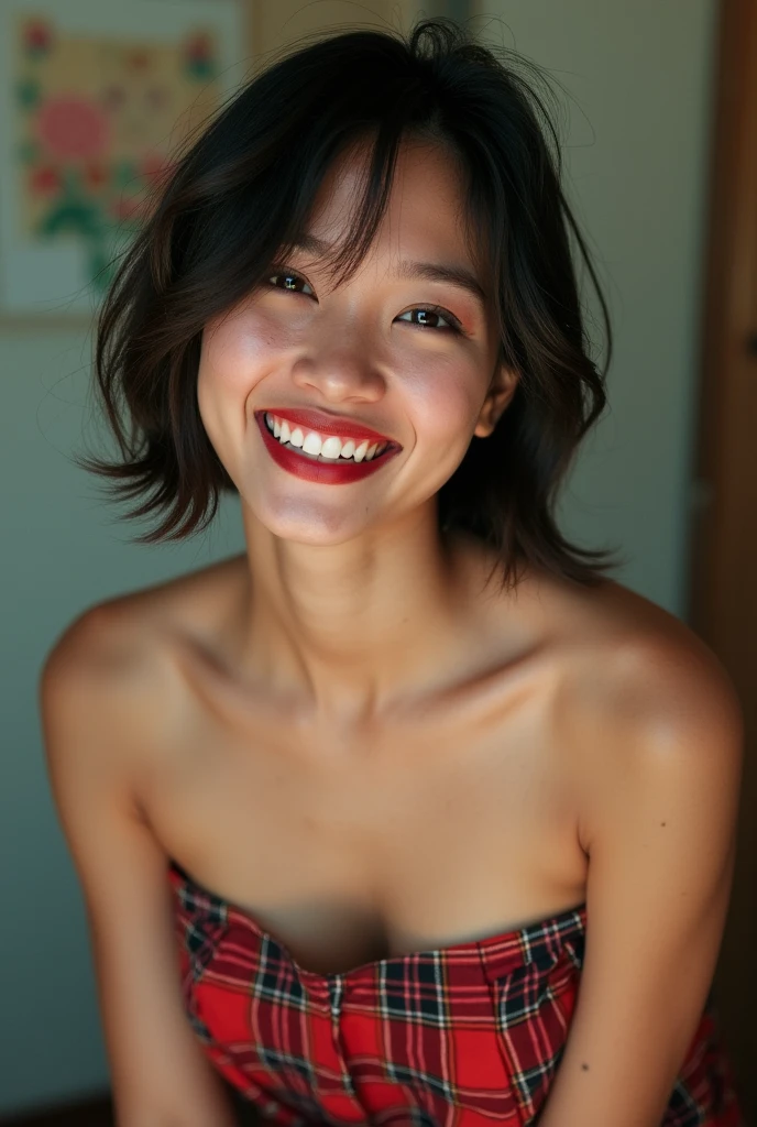 (Short haircut)), adorable, 1 girl, (face to face), 20 years old, indonesian girl face, happy, half body portrait, (face details: 1), (eye details: 1), ((medium breasts)). ((SHORT Plaid pleated skirt)), ((red lips)), ((Strapless))