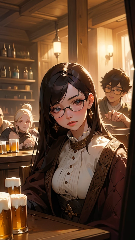 intricate detailed portrait of 4 friends celebrating in a tavern, highly detailed faces, beautiful detailed eyes, beautiful detailed lips, extremely detailed faces and expressions, elegant clothing, warm lighting, tavern interior, wooden furniture, glasses of beer, candles, cozy atmosphere, photorealistic, 8K, award winning digital art, cinematic lighting, vibrant colors