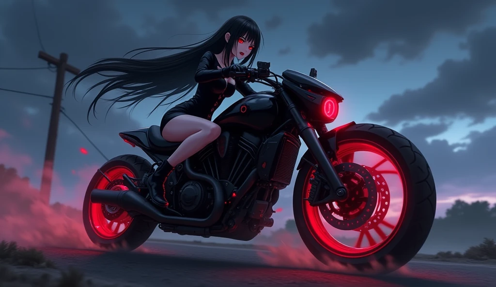 vampire anime girl long hair glowing red eyes, wearing black long sleeves and shorts riding a motorcycle with guns at night
