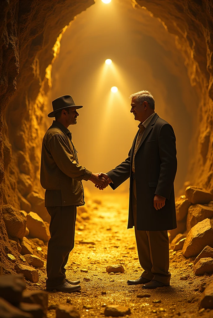 Martin's father and Mr.. Damaso making deals in a mine. Martin's father has humble and poor clothes while Mr.. Damaso is rich. They are in a mine full of gold. They are shaking hands in agreement
