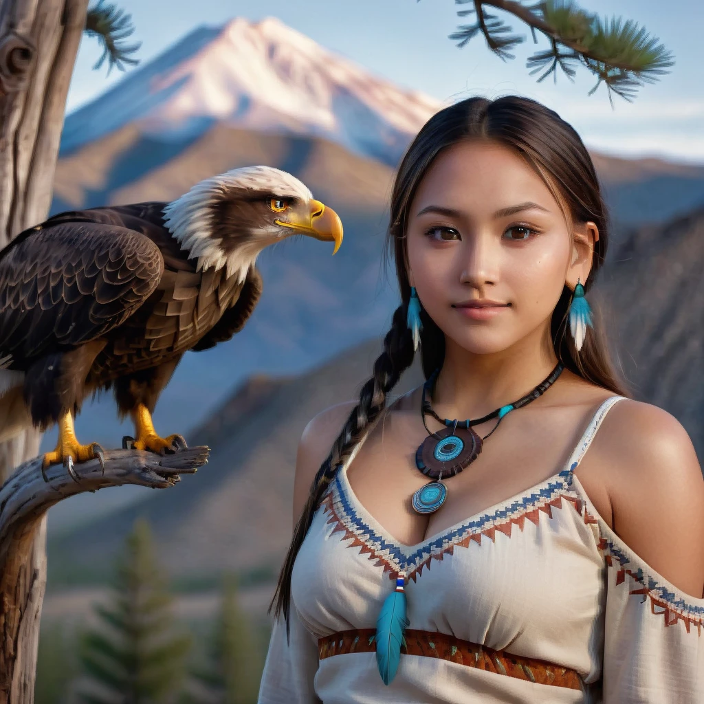 (grainy:0.5), cinematic, beautiful girls 25 year old native american,fantasy,(solo:1.3), detailed brown eyes, detailed face, detailed native american sexy clothing, volumetric lighting, dusk, extremely detailed background, standing next to tree and mountain, smiling, half closed brown eyes, tilted head, from side, sitting next to her Bald Eagle