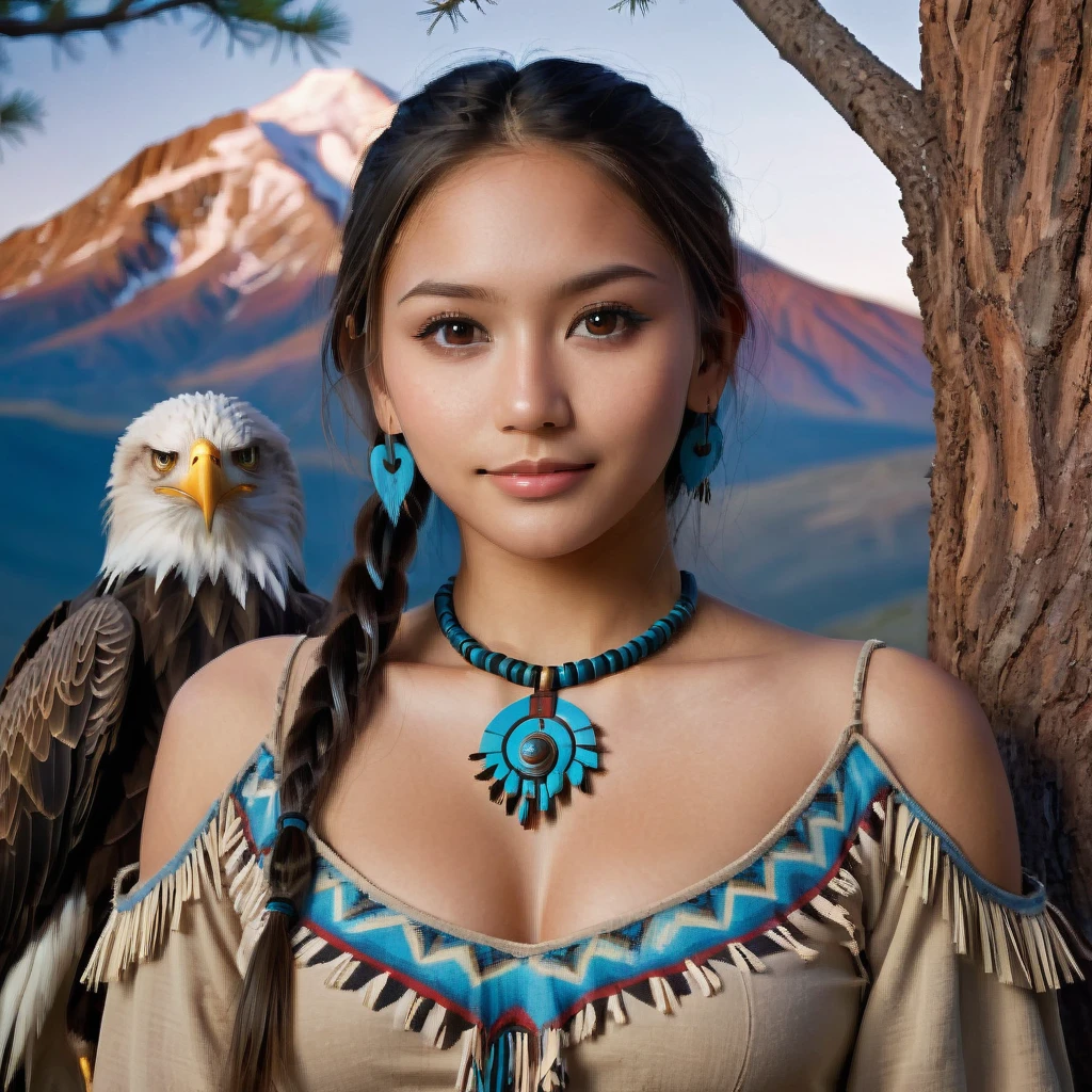 (grainy:0.5), cinematic, beautiful girls 25 year old native american,fantasy,(solo:1.3), detailed brown eyes, detailed face, detailed native american sexy clothing, volumetric lighting, dusk, extremely detailed background, standing next to tree and mountain, smiling, half closed brown eyes, tilted head, from side, sitting next to her Bald Eagle