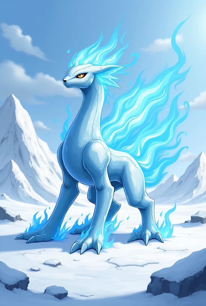 make a pokemon that is a cool white artic with blue flames and has the ability blaze using the pokemon art style