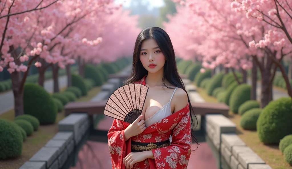 beautiful japanese woman with big breasts in revealing kimono сад сакура веер