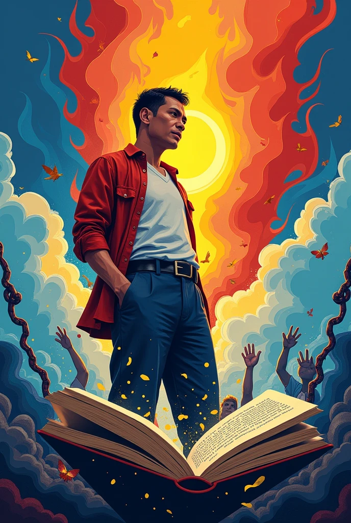 poster about Filipino:Wikang mapagpalaya. Ensure all colors used complement each other and are consistent with the theme of freedom and empowerment.
- A visual representation of the Filipino language being empowering or liberating. This could be an open book with the Filipino alphabet flowing out of it, people breaking free from chains made of text, or hands reaching up toward the sky with words written on them.
- You could also feature an iconic Filipino hero or figure associated with the promotion of the Filipino language. -Use a background that represents the Philippine flag's colors—blue, red, yellow, and white—or a gradient that symbolizes freedom and progress.