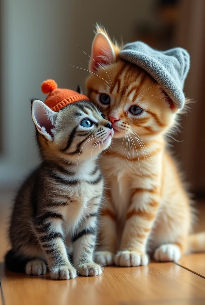 A beige cat with grey hat takes blue kitten with orange hat to home
