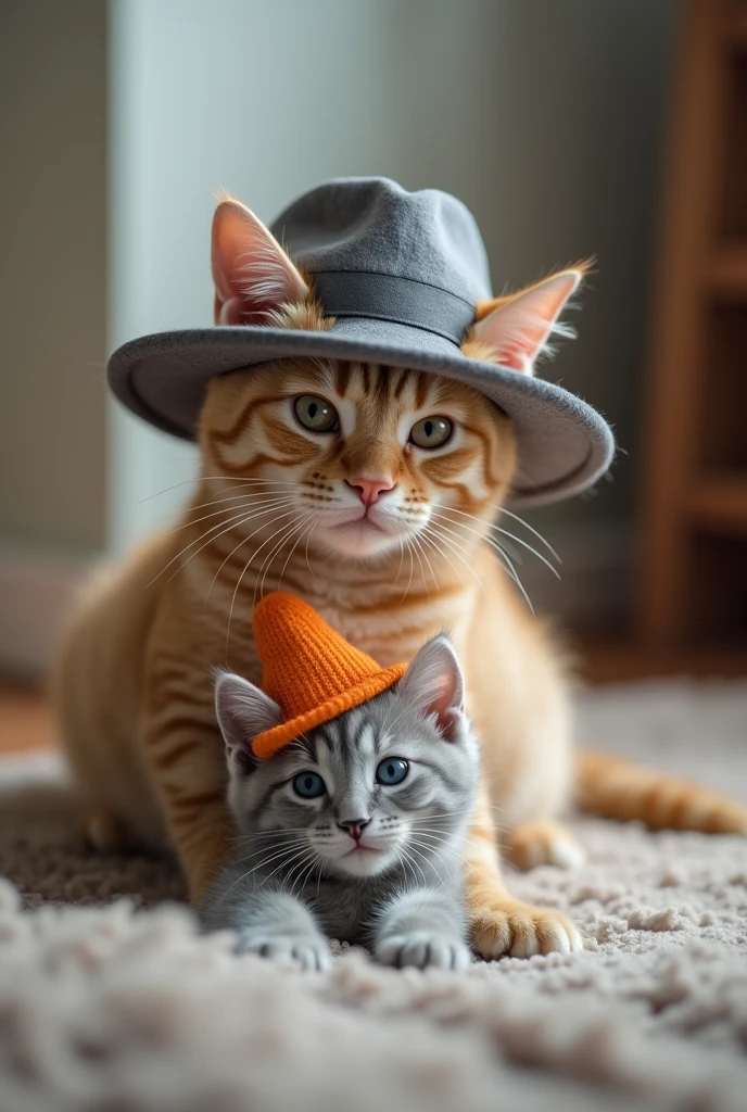 A beige cat with grey hat takes blue kitten with orange hat to home