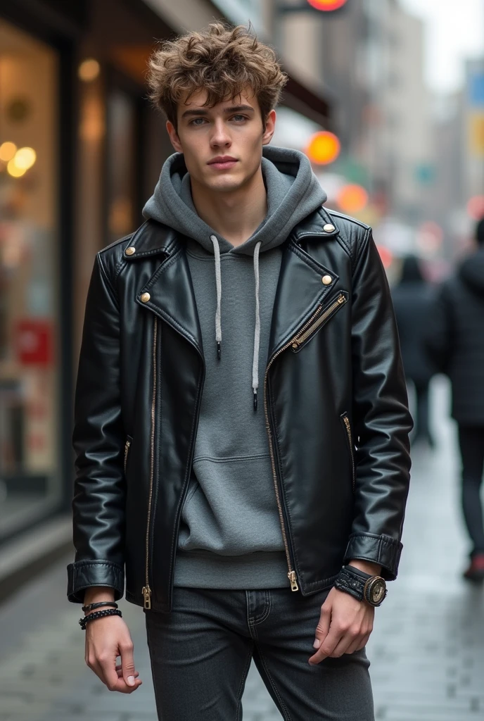 masutepiece, of the highest quality, High Definition)), (Photorealistic,Speciality: 1.4),autumnal/Hair catalog magazine portrait of 20 year old Japan male idol in winter casual style. Wearing Zara's black leather jacket, Gray hoodie, dark jeans, Dr. Black boots. Martens, And leather bracelets. The appearance is soft and fashionable. (Autumn hairstyle/Winters. Curta, Medium Hold, The appearance of curly texture,Light brown hair color :1.2),Reflects an energetic and stylish personality.