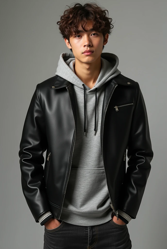 masutepiece, of the highest quality, High Definition)), (Photorealistic,Speciality: 1.4),autumnal/Hair catalog magazine portrait of 20 year old Japan male idol in winter casual style. Wearing Zara's black leather jacket, Gray hoodie, dark jeans, Dr. Black boots. Martens, And leather bracelets. The appearance is soft and fashionable. (Autumn hairstyle/Winters. Curta, Medium Hold, The appearance of curly texture,Light brown hair color :1.2),Reflects an energetic and stylish personality.