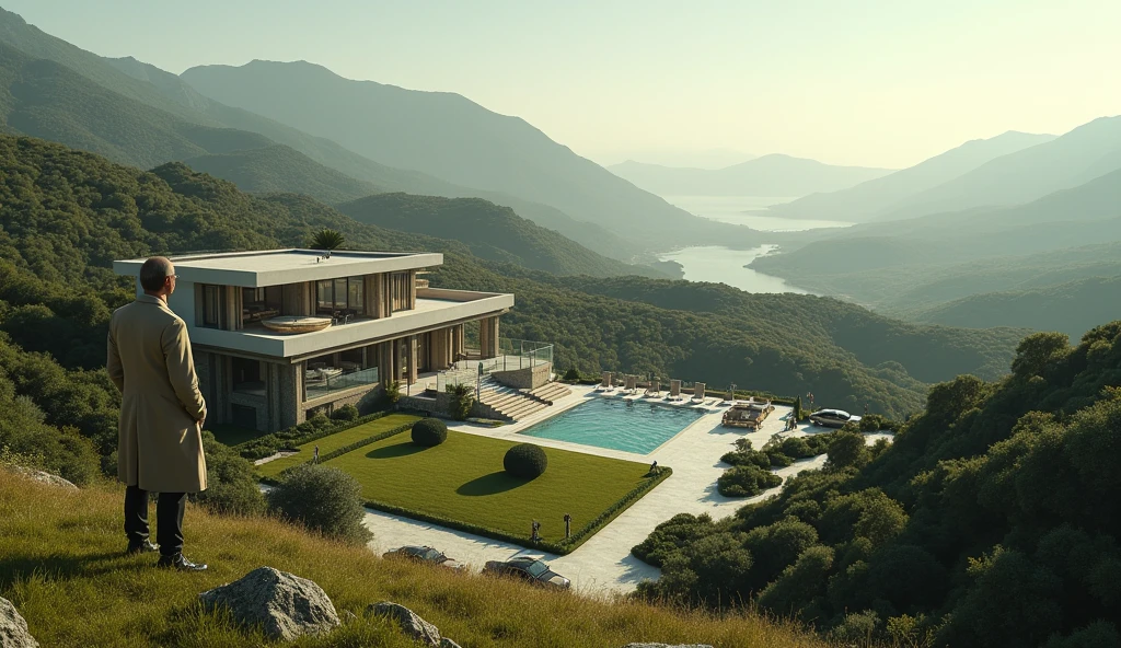 Long shot of billionaire in his compound
