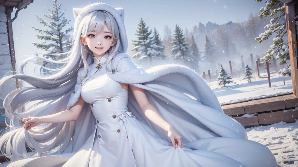 masterpiece、Highest quality、1 girl, winter, white hair, Cute girl, smile, close mouse, medium breasts, white dress, winter clothes, Fur coat、Small waist、Thin legs、outdoors, snow falling, in the forest and 湖