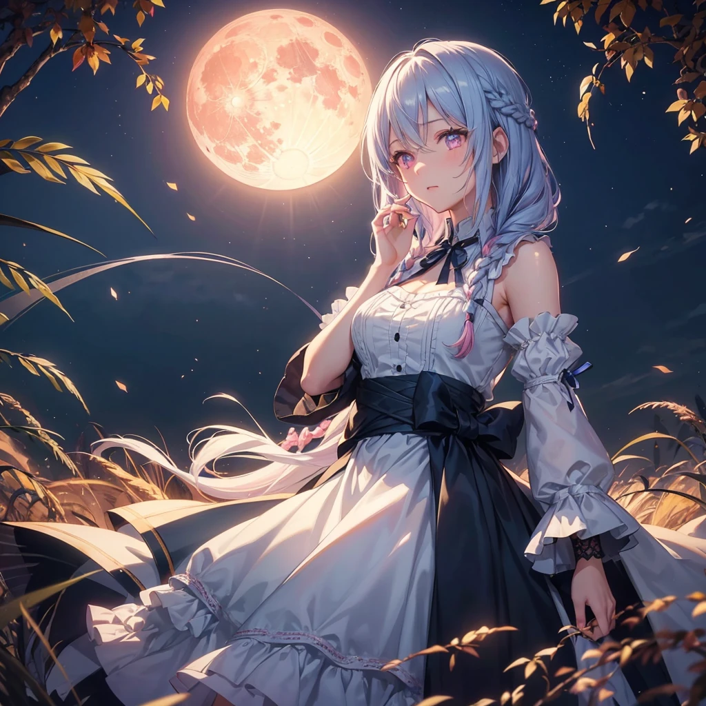 (Braiding),(Sky blue medium hair), (Pink eyes),(Fair skin) ,(whole body),(One Girl),(harvest moon),(A large amount of Miscanthus sinensis in the background),autumn,(full moon),(masterpiece, Highest quality, Very detailed, Best Shadow), (Detailed Background), (Beautifully detailed face), High Contrast, (Best lighting, Very delicate and beautiful), ((Cinematic Light)), Hyper Detail,8k, Dramatic Light, Intricate details