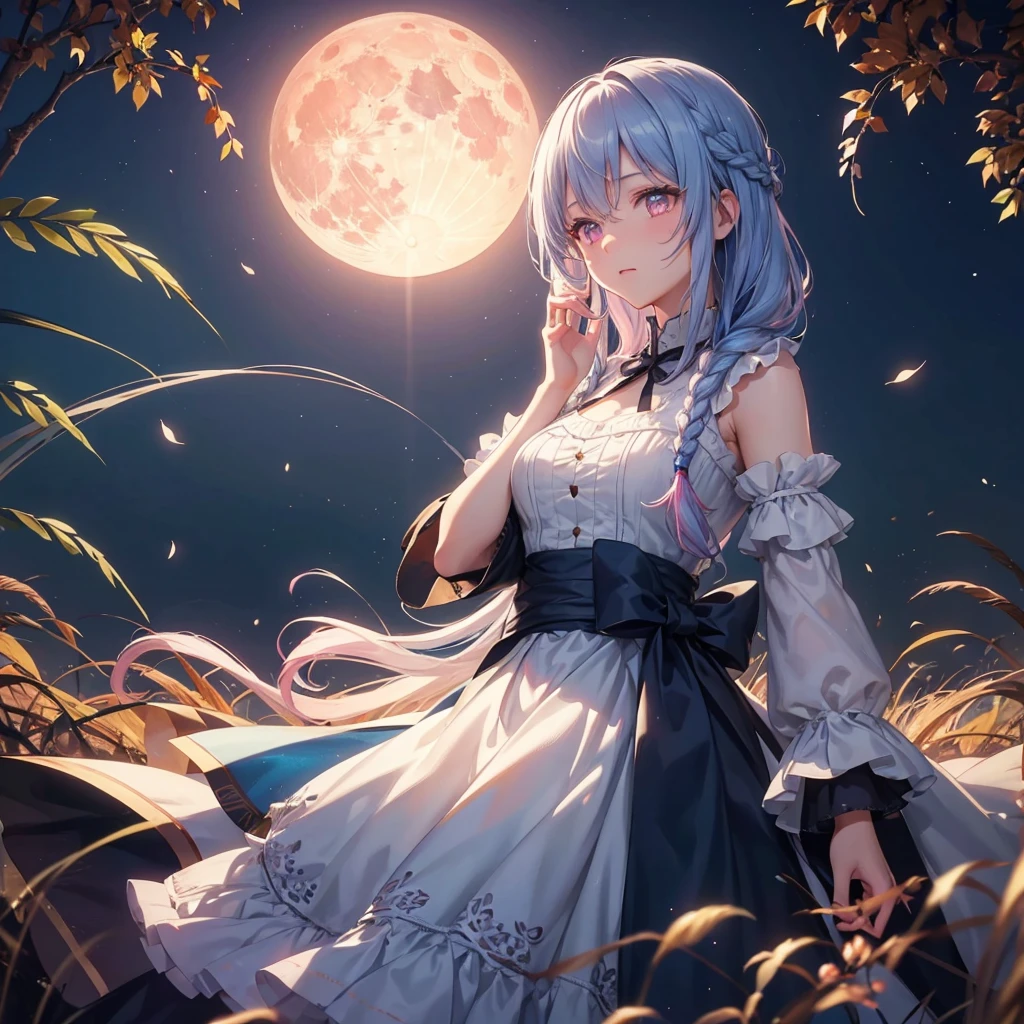 (Braiding),(Sky blue medium hair), (Pink eyes),(Fair skin) ,(whole body),(One Girl),(harvest moon),(A large amount of Miscanthus sinensis in the background),autumn,(full moon),(masterpiece, Highest quality, Very detailed, Best Shadow), (Detailed Background), (Beautifully detailed face), High Contrast, (Best lighting, Very delicate and beautiful), ((Cinematic Light)), Hyper Detail,8k, Dramatic Light, Intricate details