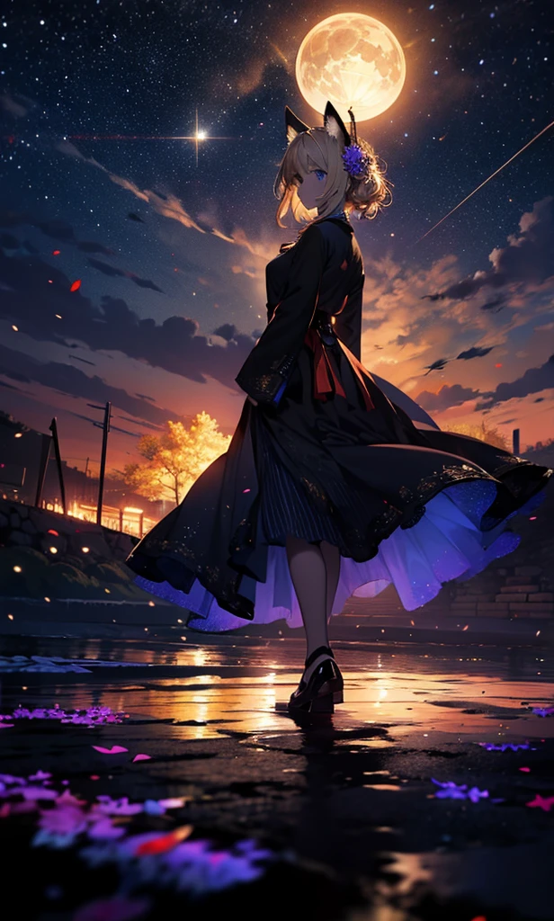 １people々々々々々々々々々々々々々々々々々々々々々,Woman with medium length blonde hair，Fox Ears，Long coat，Takageta， Dress Silhouette， Rear View，Space Sky, Flower Field，Colorful flowers，Dancing Petals，full moon，shrine，