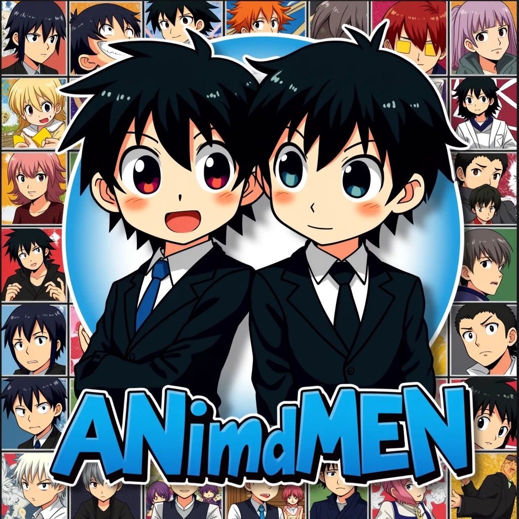 Background is a collage of various action themed manga panels, and in the centre lies animated avatars of a duo of black suited boys in an area covering about 40% of the logo below which is written "ANImidMEN" in blue font colour in joker font style in a 1:1 frame.
Everything is Japanese themed
