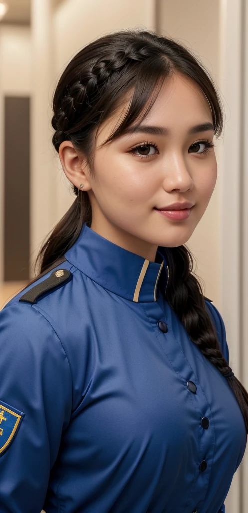 a photo of pretty j3nny-001 (s3stngunf blue uniform:1.2),black pants, long sleeves, photo realistic, looking at viewer, (head and shoulders closeup:1.2). . fcHeatPortrait, (Christina Chong beautiful face, narrowed eyes. smirk. black braided hair,)
