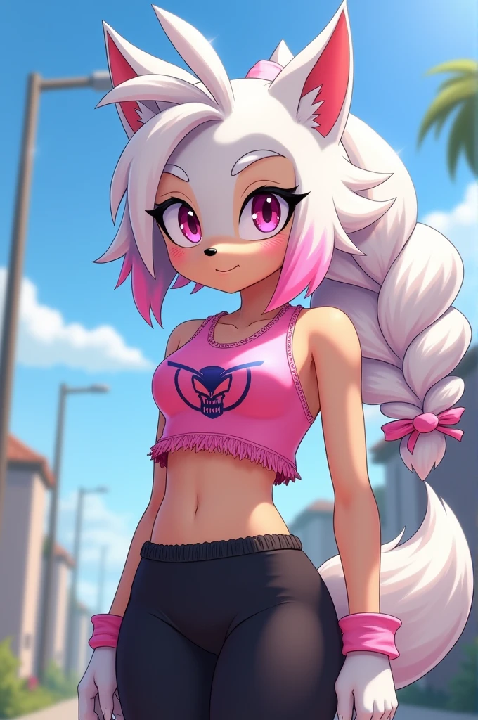 Female wolf, ((Sonic oc character)), (female Sonic character), (Ice white colored fluffy fur), (light tan muzzle), (light tan inner ears), (1girl), (solo), ponytail, (long wavy hair), ((Hair has pink highlights on the tips of the ponytail)), medium breasts, eyelashes, pink crop top, ((Crop top has skull logo on it)), black tights, fringe_trim, happy expression, Pink eyes, daytime, ((Mobian))