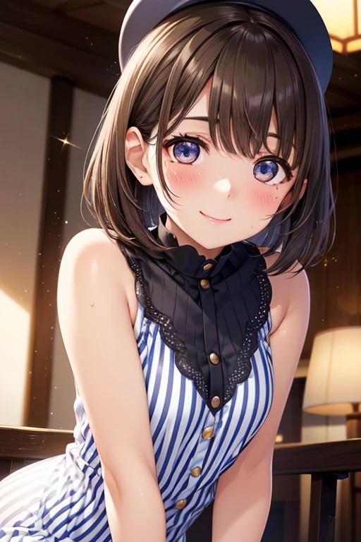 anegasaki nene、Shiny brown hair, short hair, (Beautiful brown eyes、Sparkling eyes, Fine grain)、smile、超Detailed eyes、Highly detailed face, 非常にDetailed eyes,Cowboy Shot、
(high quality, High resolution, The finer details), Realistic,
black striped mini dress, small silk hat, Spotlight, alone, Curvy Women, Sparkling eyes, (Detailed eyes), smile, blush, Sweat, Oily skin, Shallow depth of field