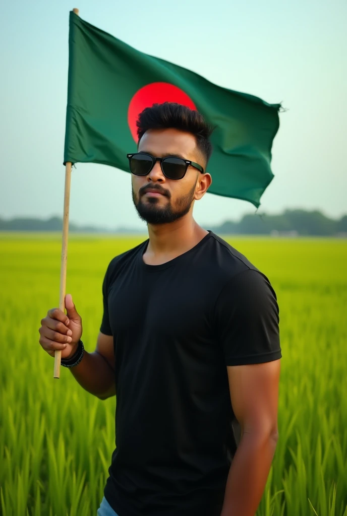 a bangladeshi man wearing sunglasses and a black t shirt, standing in front of a big green field. His skin color is bright. Photos focus on the man who carried flag with full body. He is holding a bangladeshi flag.
