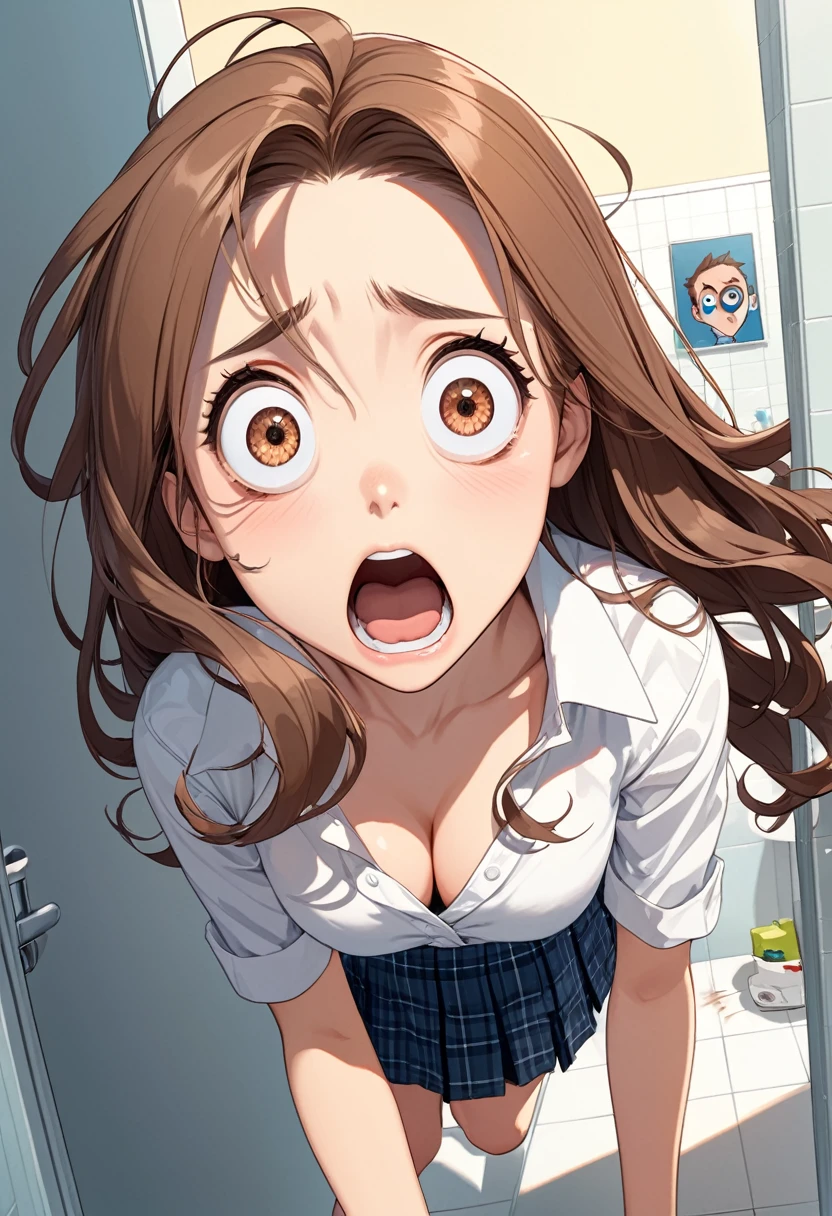 detailed illustration, dynamic angle, ultra-detailed, illustration, 1girl, 18 year old, school girl, wavy brown hair, long hair, bright brown eyes, cleavage, medium breasts, wide eyes, shock, surprised, shocked eyes, gasping, confused, bathroom, white blouse, blue plaid skirt