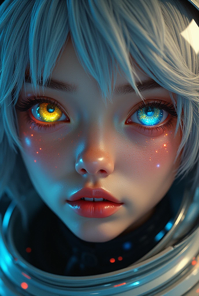 (Close-up of a better masterpiece:1.5)0.9], (Space and astronauts:1.2) (Messy silver hair:1.1) (Heterochromia xanthochromia and blue eyes:1.2) (Space Helmet:1.0) (Colored stars in the eyes:1.0) (A radiant glow:1.1) (thick lips:0.9)