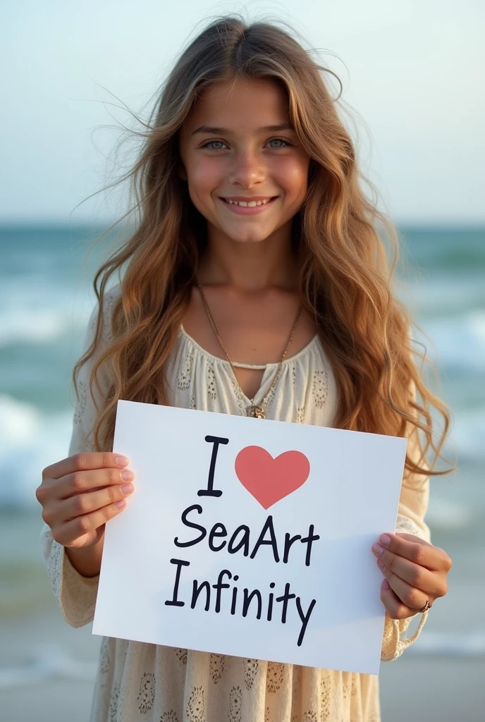 Beautiful girl with wavy long hair, bohemian dress, holding a white board with text "I Love Seaart Infinity" and showing it to the viewer