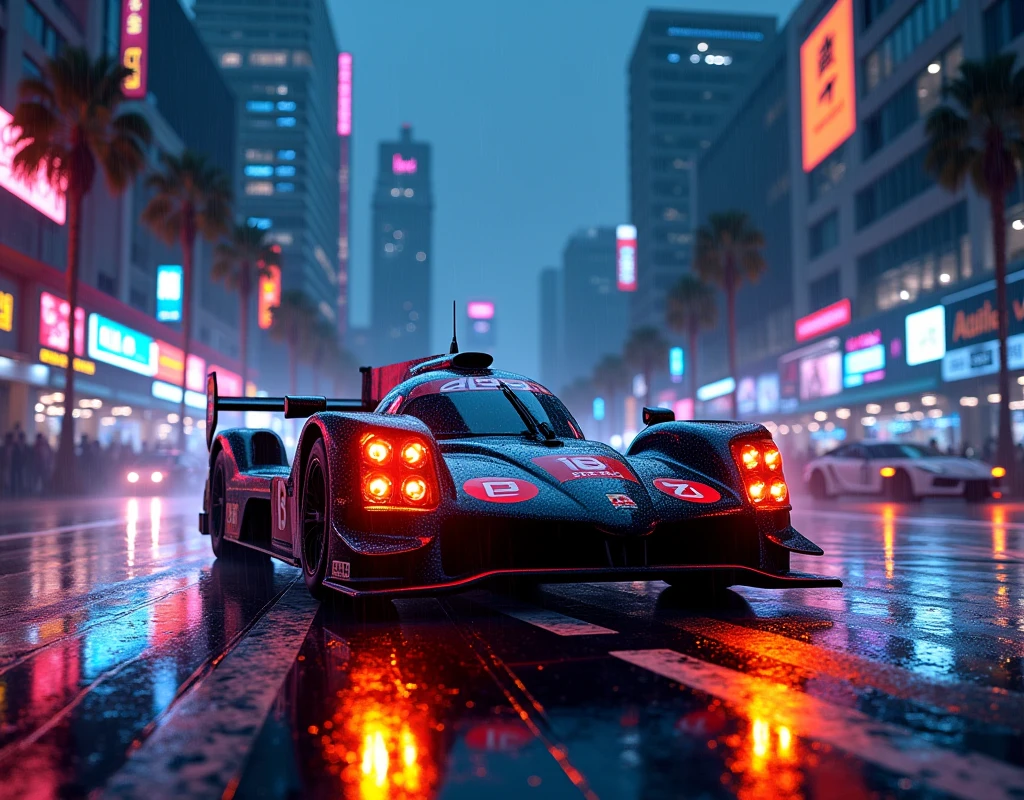 Create an image of a WEC LMP2 prototype hypercar on the streets of Singapore at night in the rain.