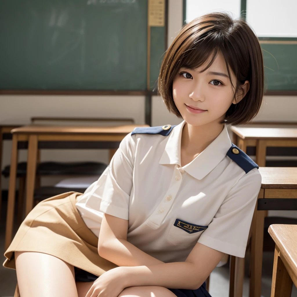 Highest quality, Face Focus, Soft Light, Ultra-high resolution, (Realistic:1.4), RAW Photos, 1 Japanese girl, alone, cute, (A shy smile:0.5), (Brown eyes, Light in your eyes), Beautiful face in every detail, (Small box),(High resolution detail of human skin texture), (Short Bob Hair), break, In the classroom,Navy uniform, Best, skirt