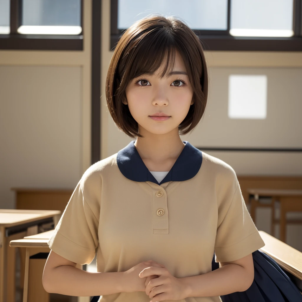 Highest quality, Face Focus, Soft Light, Ultra-high resolution, (Realistic:1.4), RAW Photos, 1 Japanese girl, alone, cute, (A shy smile:0.5), (Brown eyes, Light in your eyes), Beautiful face in every detail, (Small box),(High resolution detail of human skin texture), (Short Bob Hair), break, In the classroom,Navy uniform, Best, skirt