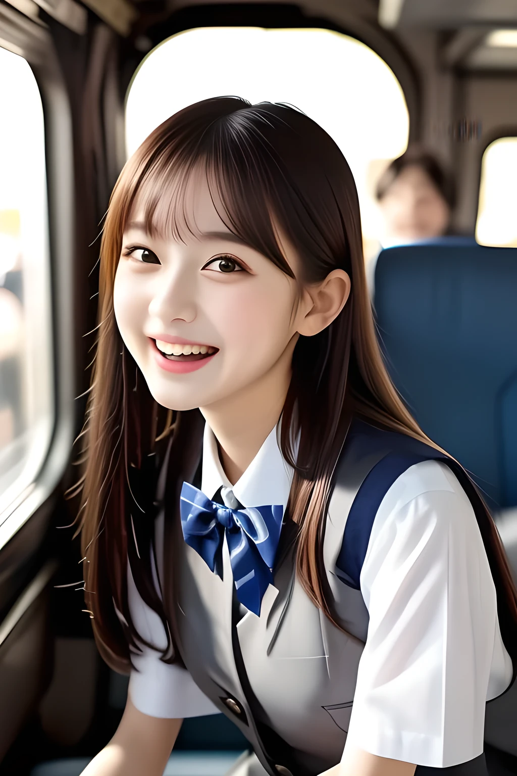 (highest quality, masterpiece, high resolution:1.2), 4K, (Photo quality detailed face: 1.4), (Giorgione painting style: 0.8), geometry, (13 yo cute girly Japanese girl is seated and looking ME up in a crowded train: 1.0), Laughing cutely, (neat girly white short-sleeves school blouse: 1.0), (puffed short sleeves: 1.0), (Dark red glossy school ribbon on the breast: 1.0), (Gray Japanese school girly vest Uniform: 1.2), (Box-pleated gray short school skirt: 1.2), (Extremely laughing cheeks: 1.0), (Beautiful light-amber cute-dolly large clear eyes with detailed cutely: 1.4), (Long bottom eyelashes: 1.2), (Expressing the greatest joy with her whole body: 1.2), (Glossy lips: 1.0), (Super-straight super-long hair: 1.5), (white and clear skin: 1.0), (Promoting Shampoo: 1.2)