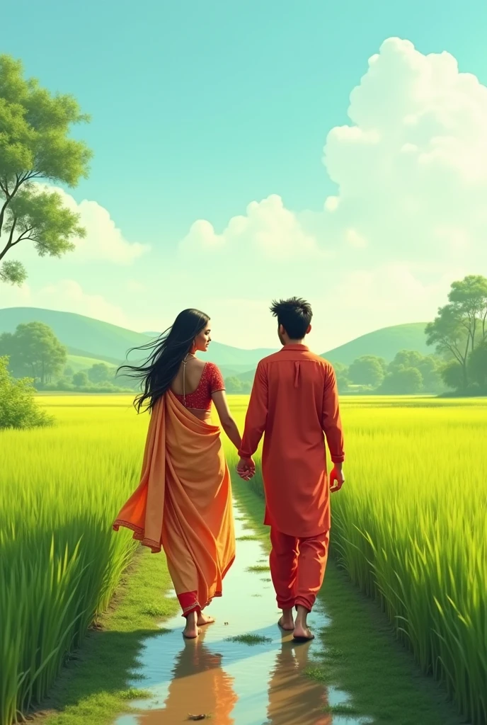indian young couple walking in paddy field
