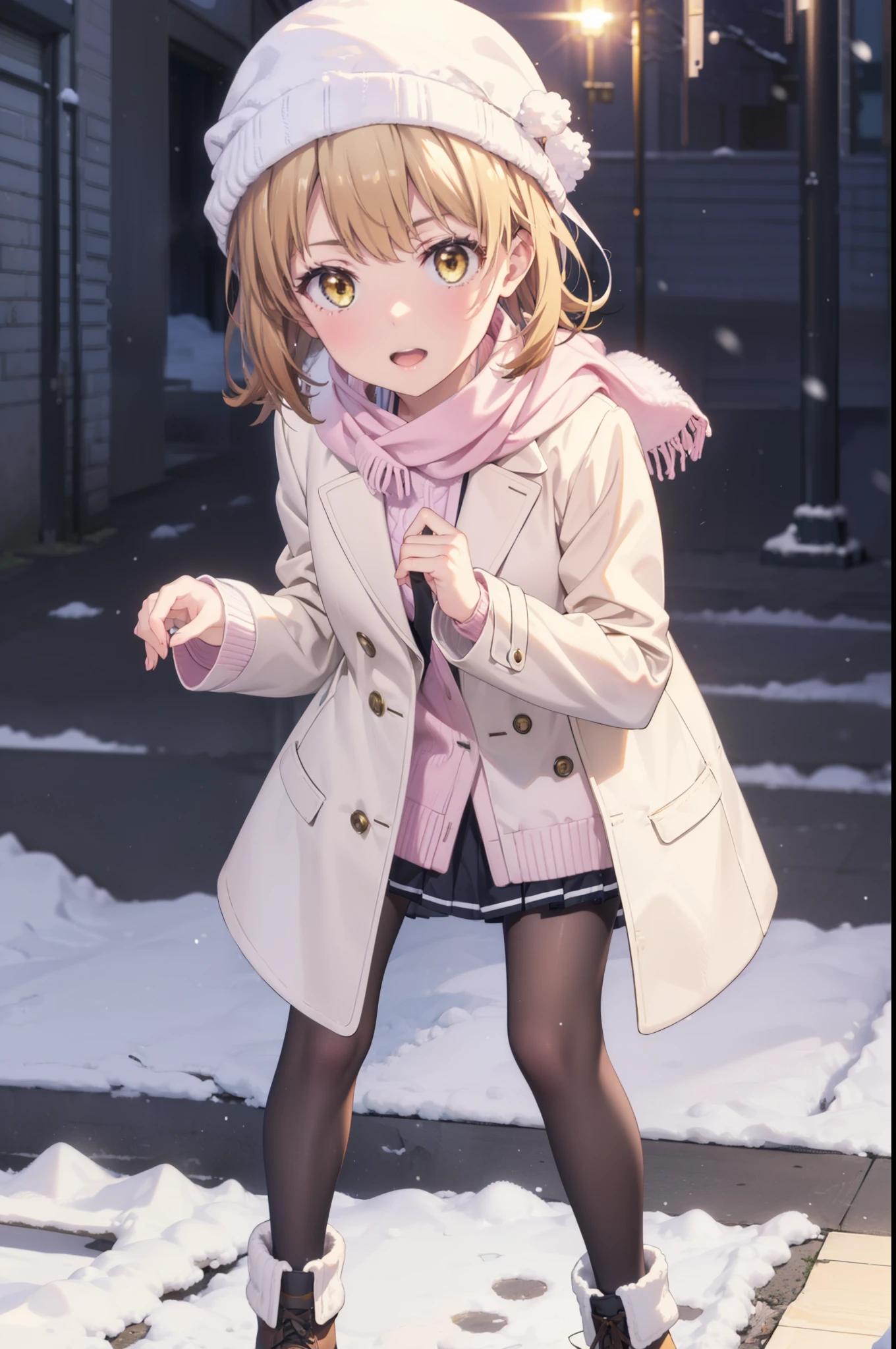 Irohaisshiki, isshiki iroha, short hair, Brown Hair, (Brown eyes:1.5), smile,Open your mouth,White Breath,low twin tail,Knitted hat,White scarf,Yellow long coat　Open front,Pink v-neck sweater,Short denim,Black pantyhose,short boots,Walking,snowが降っている,snowが積もっている,moon,night,snow,snow,snow,snow,whole bodyがイラストに入るように,　　　　　　　　　break outdoors, Building district,
break looking at viewer,whole body,
break (masterpiece:1.2), Highest quality, High resolution, unity 8k wallpaper, (figure:0.8), (Beautiful attention to detail:1.6), Highly detailed face, Perfect lighting, Highly detailed CG, (Perfect hands, Perfect Anatomy),