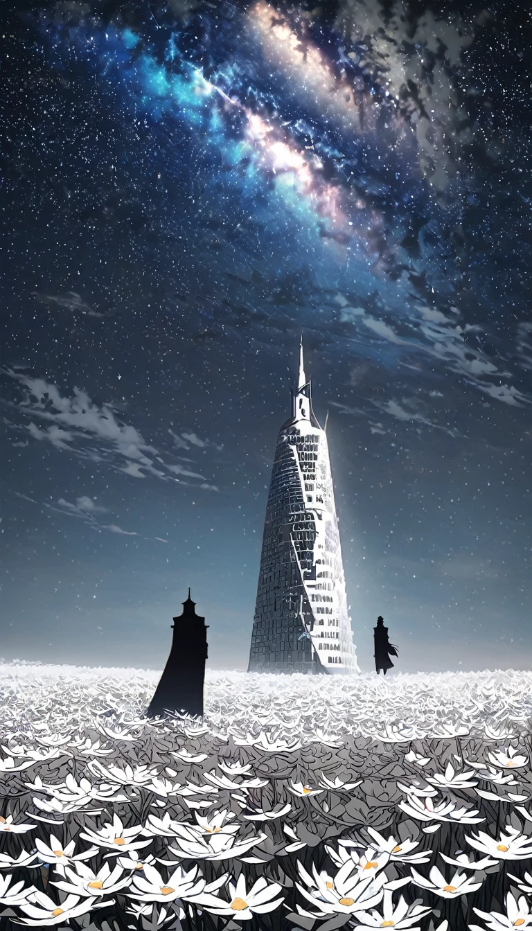 two towers, one about 5 meters apart and one next to the other Whiter tower Dark tower and both with the same height with a starry night without people and with a field full of white and black flowers