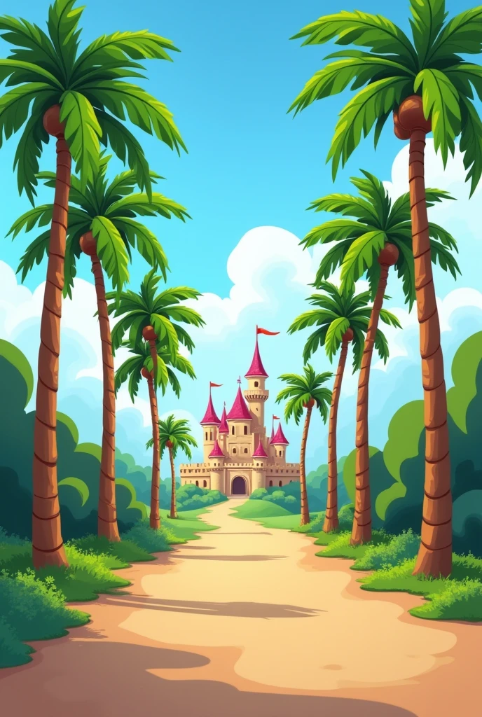 create a palm tree street, with 7 palm trees on each side of the street and a castle at the end, in cartoon style