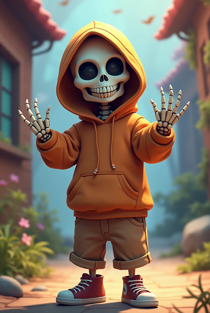 A cute male skeleton game character wearing a hoodie and short pants, spread hands 