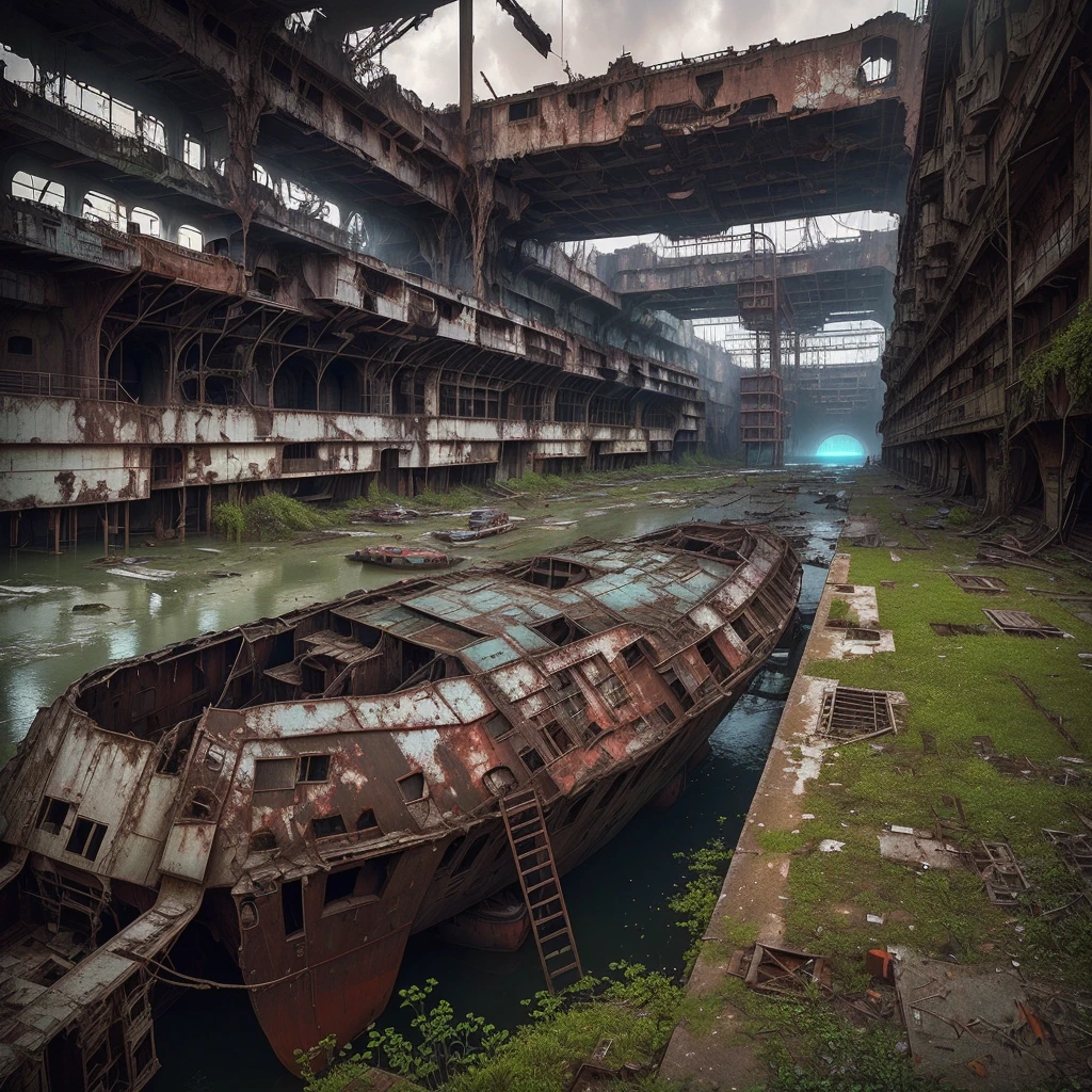 Arafad boat in a dirty building with many windows, abandoned steelworks, an abandoned old, Portrait of a sunken ship, abandoned factory, surreal abandoned buildings, an abandoned, rusted silent hill, dark abandoned cyberpunk factory, full scenery shot, abandoned spaceship, abandoned, In a huge cave iron city, abandoned rocket ship, abandoned rocketship , (low angle shot 1.8) ( Camera shot close to the ground 1.8 )