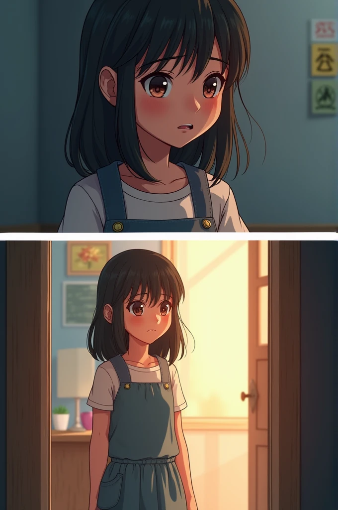 Two images in the first one the girl at school got a bad grade, In the second one he is in the house in front of the mirror saying, I may get a bad grade but I'm pretty, and smile