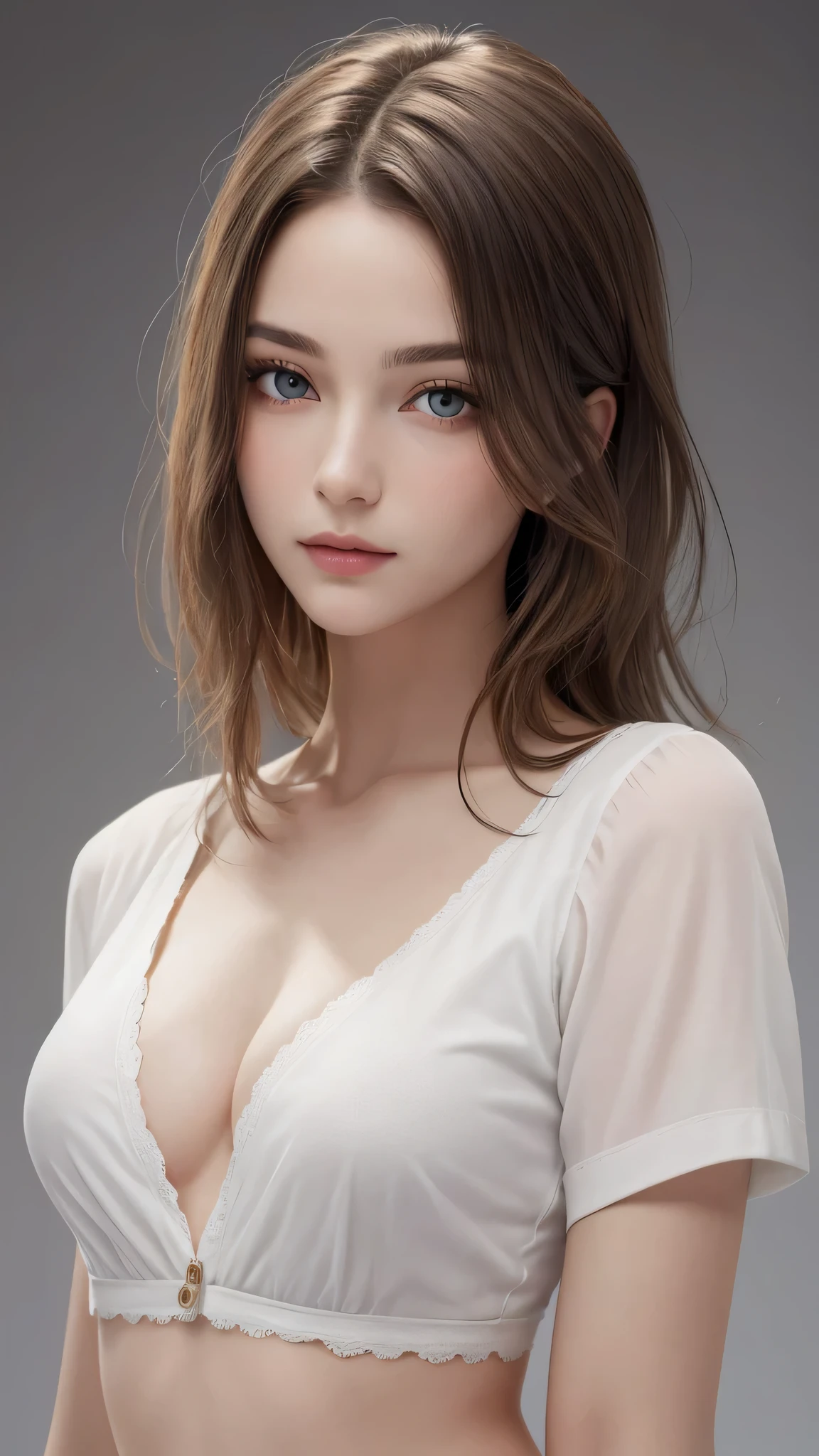 ((Medium chest, )), (smooth belly : 1.1), (perfectionなボディ : 1.1), (Very detailed CG 8k wallpaper), (Very sophisticated), (masterpiece), (Highest quality:1.0), Delicate skin, Very detailed、(photograph:1.2)、(Realistic:1.3)、(masterpiece:1.3)、(Best image quality:1.4)、超High resolution、(Detailed eyes)、(Detailed facial features)、(Detailed clothing features)、8k resolution、Focus Only、26 year old mature woman、Small face、No makeup、Beautiful eyes with attention to detail、bangs、Blonde、Long Cut Hair, Braided hair、(Realistic Skin)、Beautiful Skin、Charm、超High resolution、Ultra-realistic、High resolution、Open white shirt,middle aged、Small breasts、Bust B cup、Small breasts、Cool Beauty、Gray background、Cinema Lighting、perfection、Soft Light、High resolutionスキン:1.2、Realistic Skin texture、26 year old、Small face、No makeup、Bust B cup、Beautiful brown eyes in every detail、short hair、Dark brown hair、Cool Beauty、Gray background