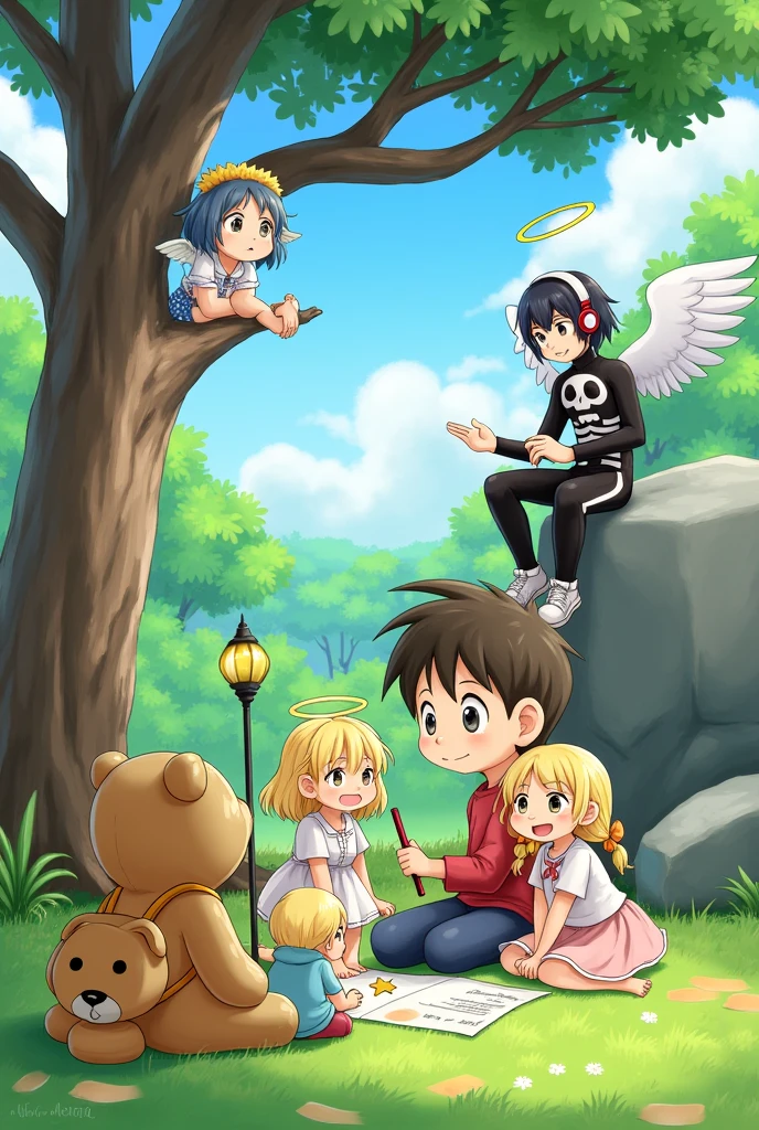 Make a fanart in a garden, where there is a boy sitting with a teddy bear bag sitting next to two girls with blond hair writing the name 雷 On a paper stretched on the floor, then make a boy with black hair wearing a skull suit and headphones on top of a tree, then a girl with angel wings on top of a rock, then one leaning against the tree with blue hair and a pole with a lamp on her back and a boy leaning against it, then make a boy dressed as a bear 