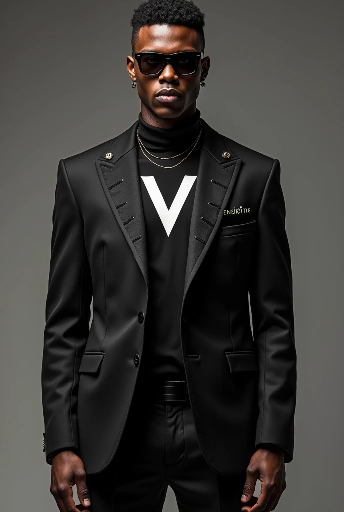 Make a suit with the vlone symbol in the middle of the Vlone brand suit , make vlone writing, MAKE A SUIT make a man wearing it