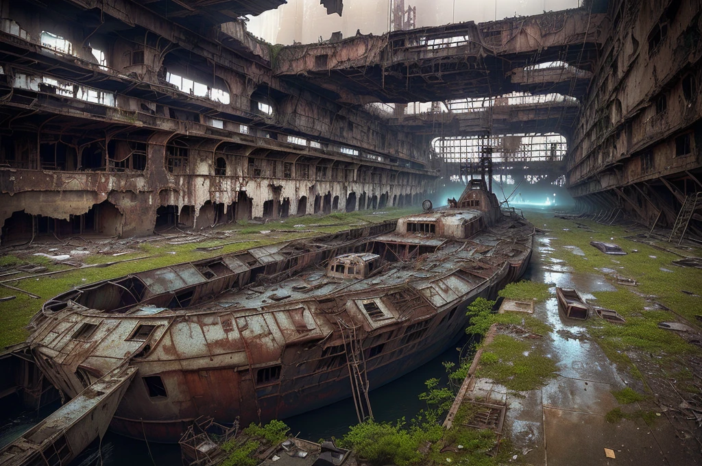 Arafad boat in a dirty building with many windows, abandoned steelworks, an abandoned old, Portrait of a sunken ship, abandoned factory, surreal abandoned buildings, an abandoned, rusted silent hill, dark abandoned cyberpunk factory, full scenery shot, abandoned spaceship, abandoned, In a huge cave iron city, abandoned rocket ship, abandoned rocketship ,  (low angle shot 1.8) ( Camera shot close to the ground 1.8 ）
