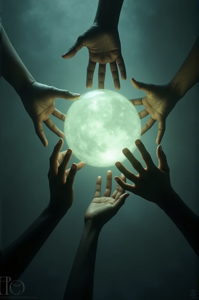 Several hands reach up from the right and left corners holding a sphere.
