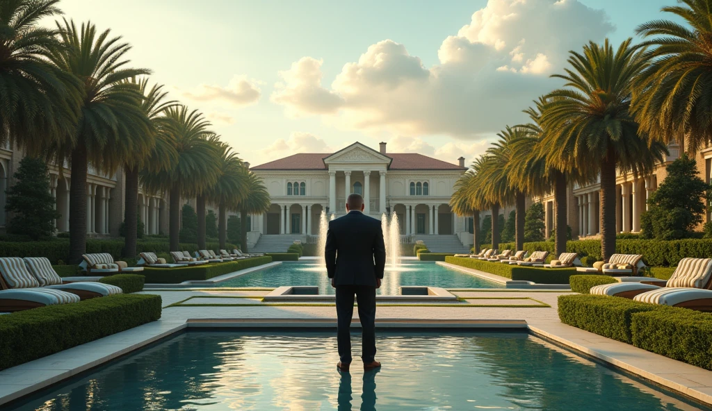 Long shot of billionaire in his compound