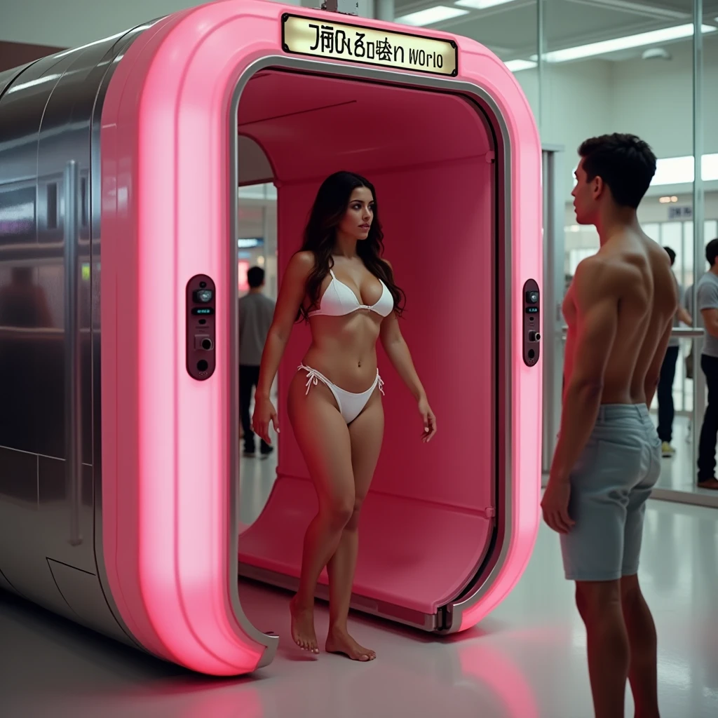 A man walks into a gender transformation booth and emerges as a sexy woman in a bikini. (She is shocked:1.3). The machine is large and pink and has a sign that says “gender transformation booth”