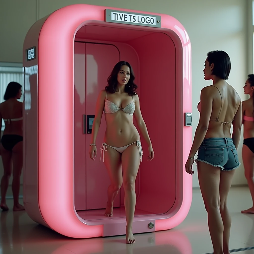 A man walks into a gender transformation booth and emerges as a sexy woman in a bikini. (She is shocked:1.3). The machine is large and pink and has a sign that says “gender transformation booth”