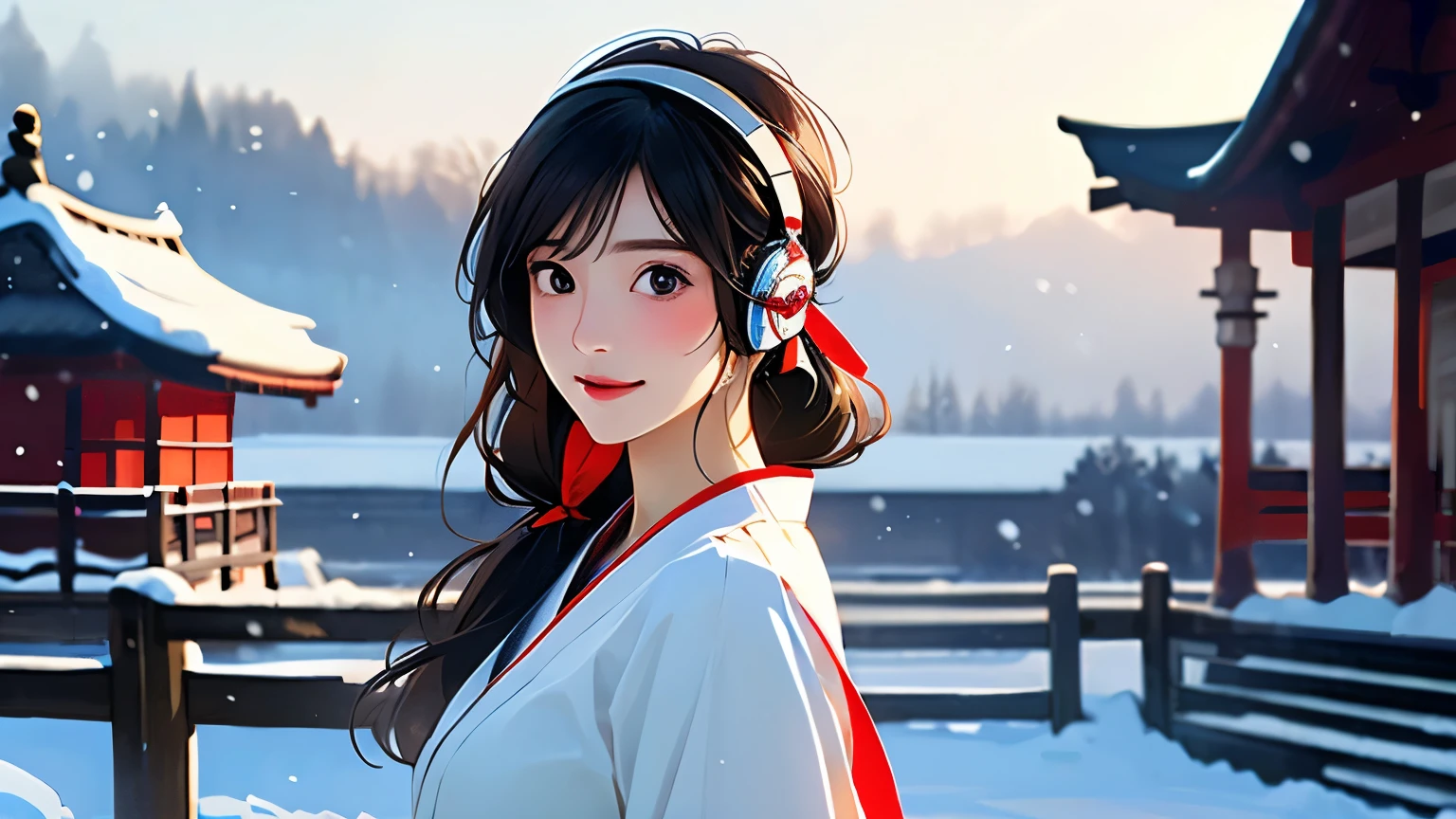 (masterpiece:1.3, highest quality, ultra high resolution, super detailed), (realistic, photorealistic:1.4), beautiful illustrations, perfect lighting, Natural light, colorful, Depth of the bounds written, nfsw,
looking at the viewer, (face focus, Upper body), 1 girl, Japanese, high school girl, perfect face, Cute symmetrical face, shiny skin,
(middle hair:1.5, low twin tails:1.7, brown hair), asymmetrical bangs, dark red eyes, (medium breasts),
beautiful hair, beautiful face, detailed and beautiful eyes, beautiful clavicle, beautiful body, beautiful breasts, beautiful thighs, beautiful feet, beautiful fingers,
((shrine maiden clothes, long sleeve, for a long time, hair ribbon)), (cute smile, upper eye, parted lips),
(beautiful scenery), winter, dawn, (New Year, first visit), (shrine), crowd, snow, snowfall:1.5, freezing weather, Frost, Are standing, walk, (headphones, wearing headphones),